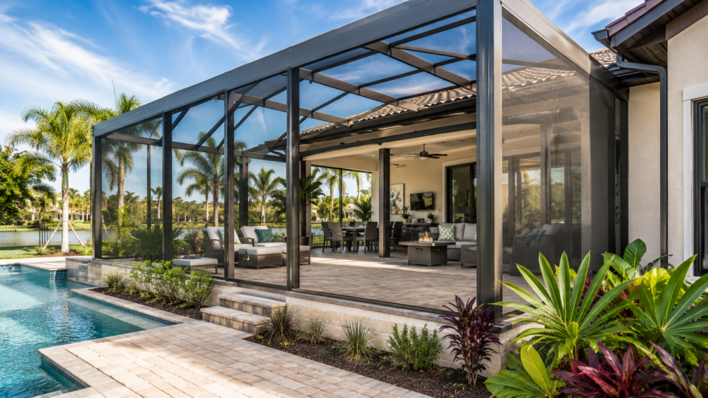 Modern screened pool enclosure attached to a Florida home in Tampa Bay